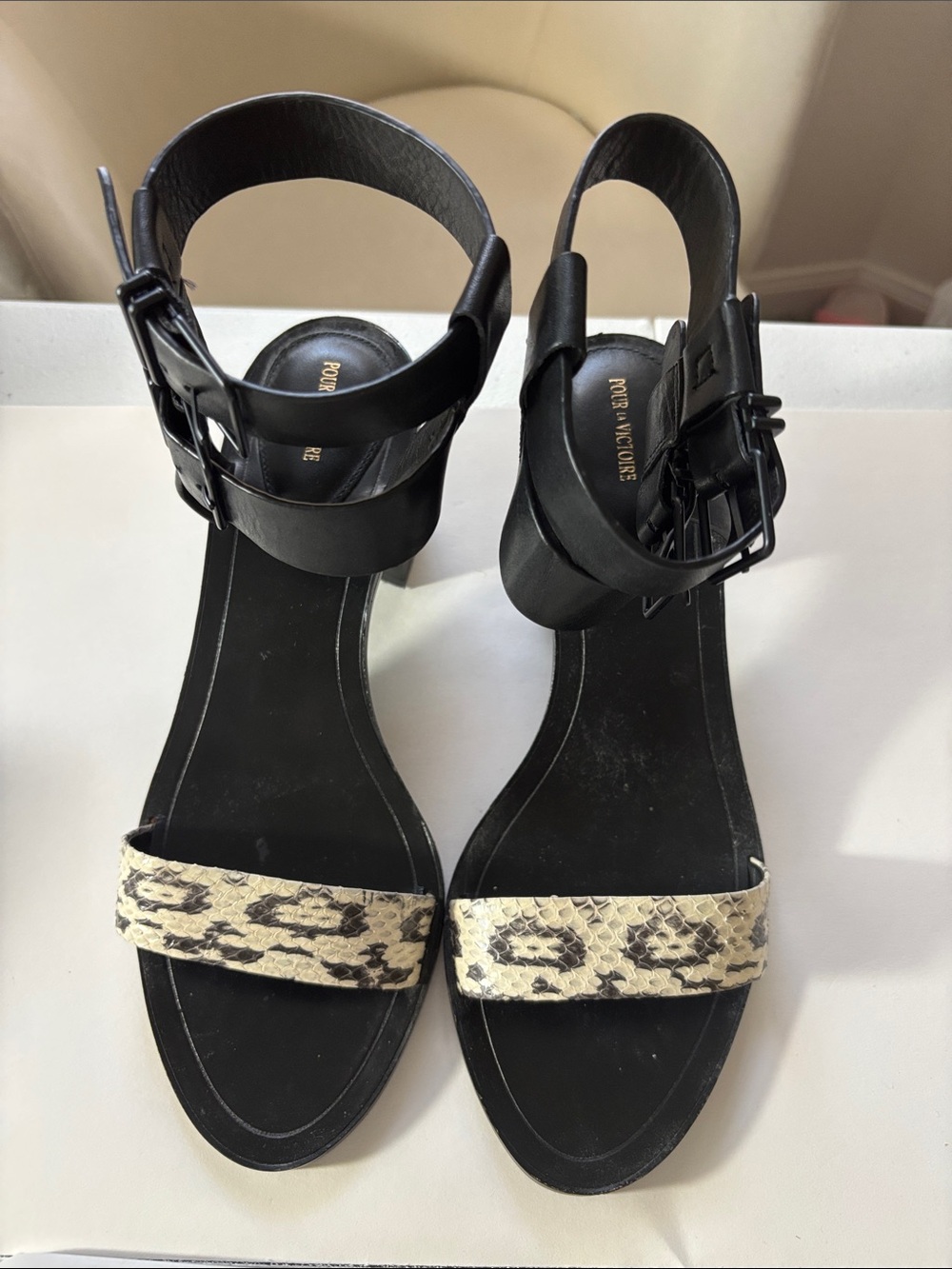 Pour La Victoire Black Ankle-Strap Sandals with Snake-Print Toe Band
